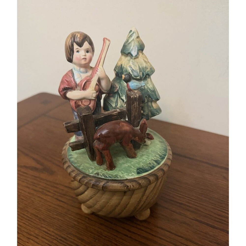 Anri King Of The Road Thorens Rotating Music Box 8" Boy Playing Fiddle w/Deer